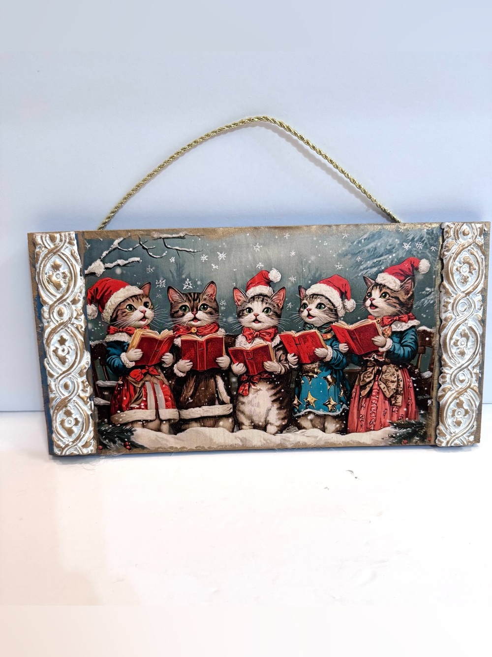 New OOAK Blue and Red Wooden Caroling Cat Christmas Wall Decor